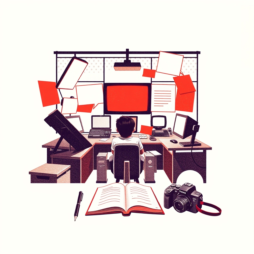 Illustratie van een schoolredactie met schermen, notitieboek en camera