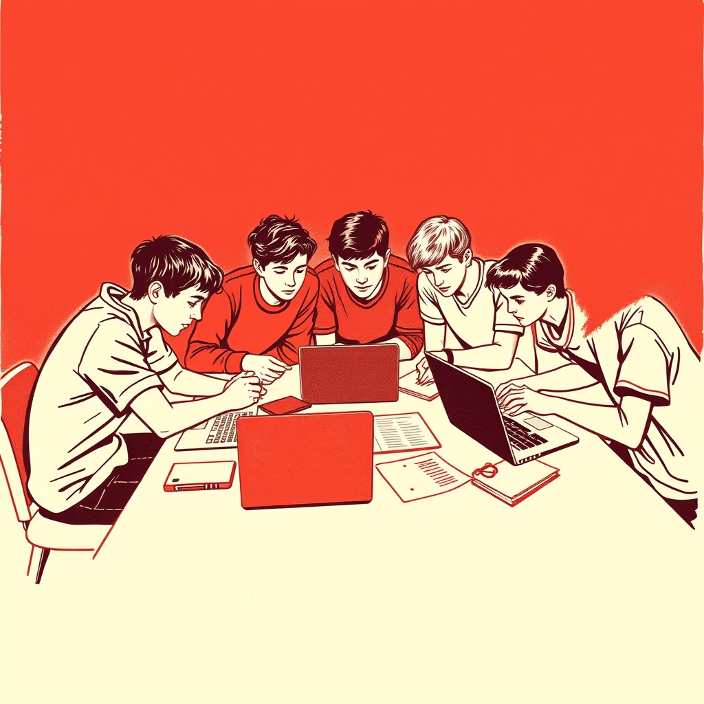 Illustratie van leerlingen die samen aan een verhaal werken